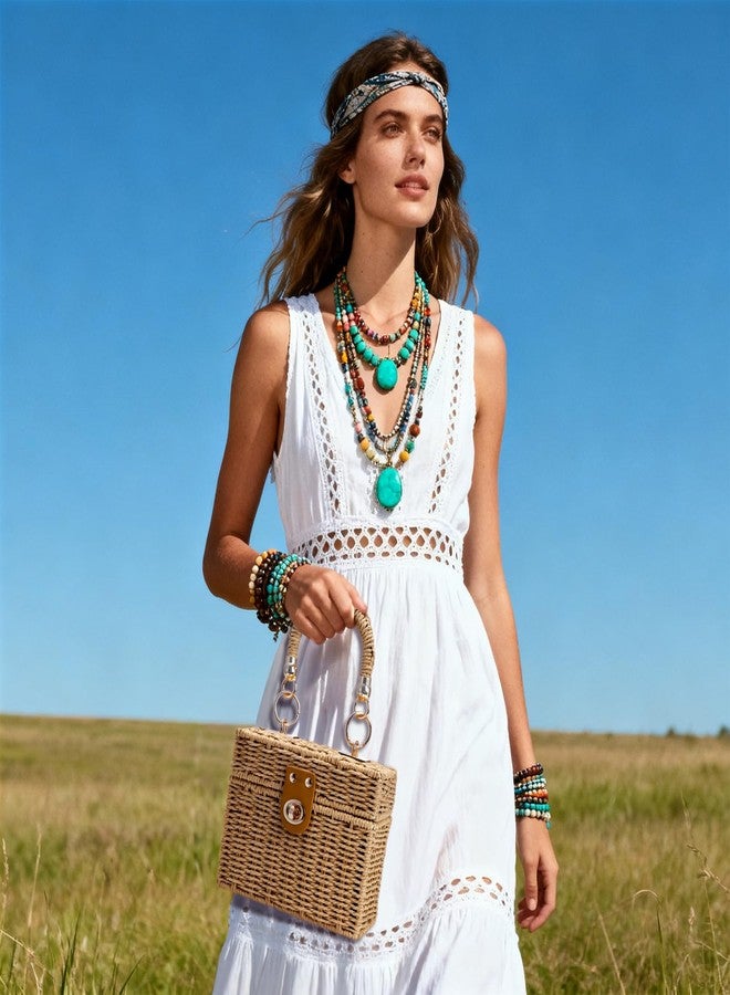 Noamus Square Straw Handbag, Vintage Women's Wicker Basket Bag, Handmade Rattan Crossbody Bag, Boho Tote Bag with Detachable Shoulder Strap for Summer Beach Casual Vacation Chic - Image 3