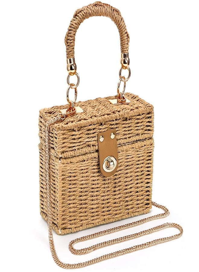 Noamus Square Straw Handbag, Vintage Women's Wicker Basket Bag, Handmade Rattan Crossbody Bag, Boho Tote Bag with Detachable Shoulder Strap for Summer Beach Casual Vacation Chic - Image 1