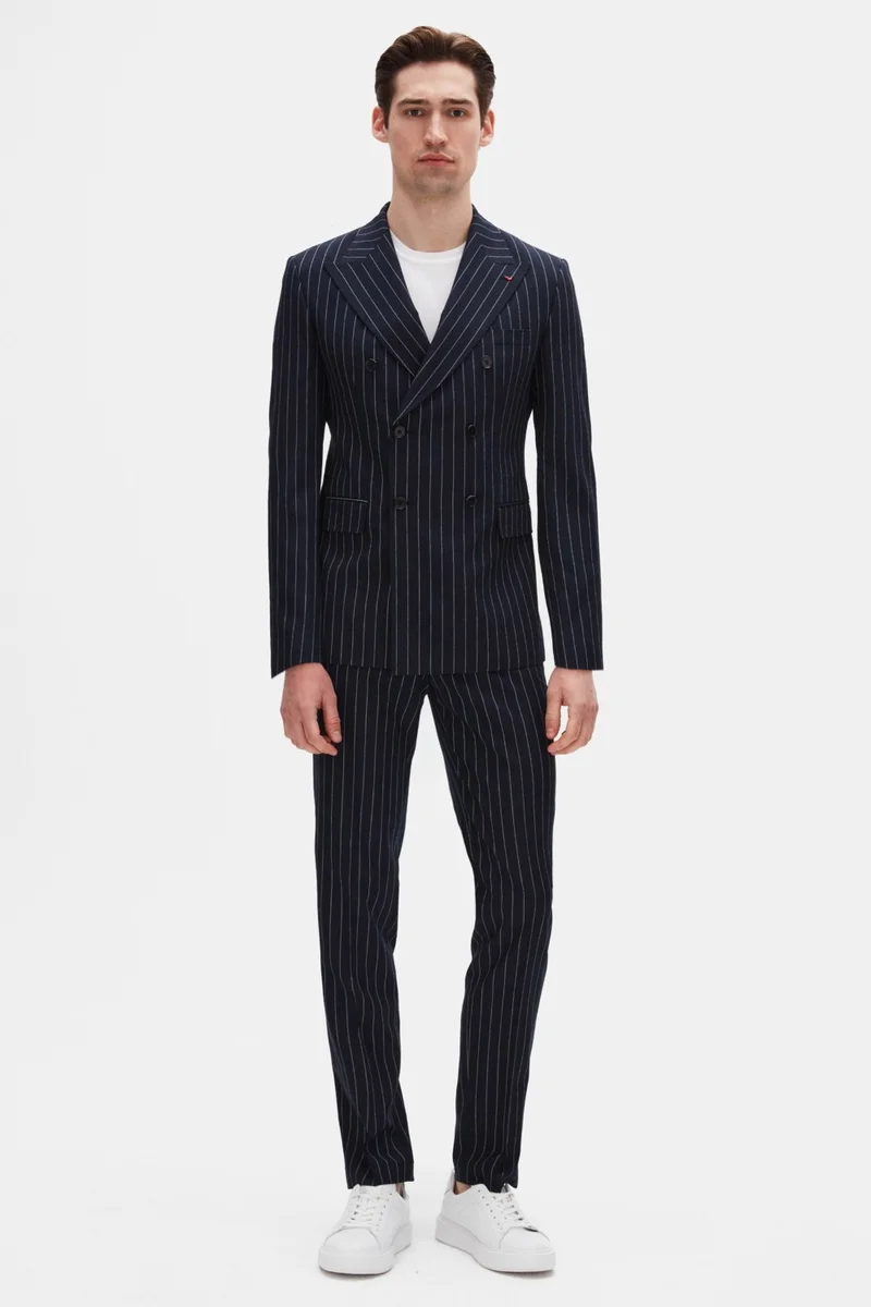 D'S DAMAT Ds Damat Regular Fit Navy Blue Striped Double Breasted Suit 4HF05ORT01588