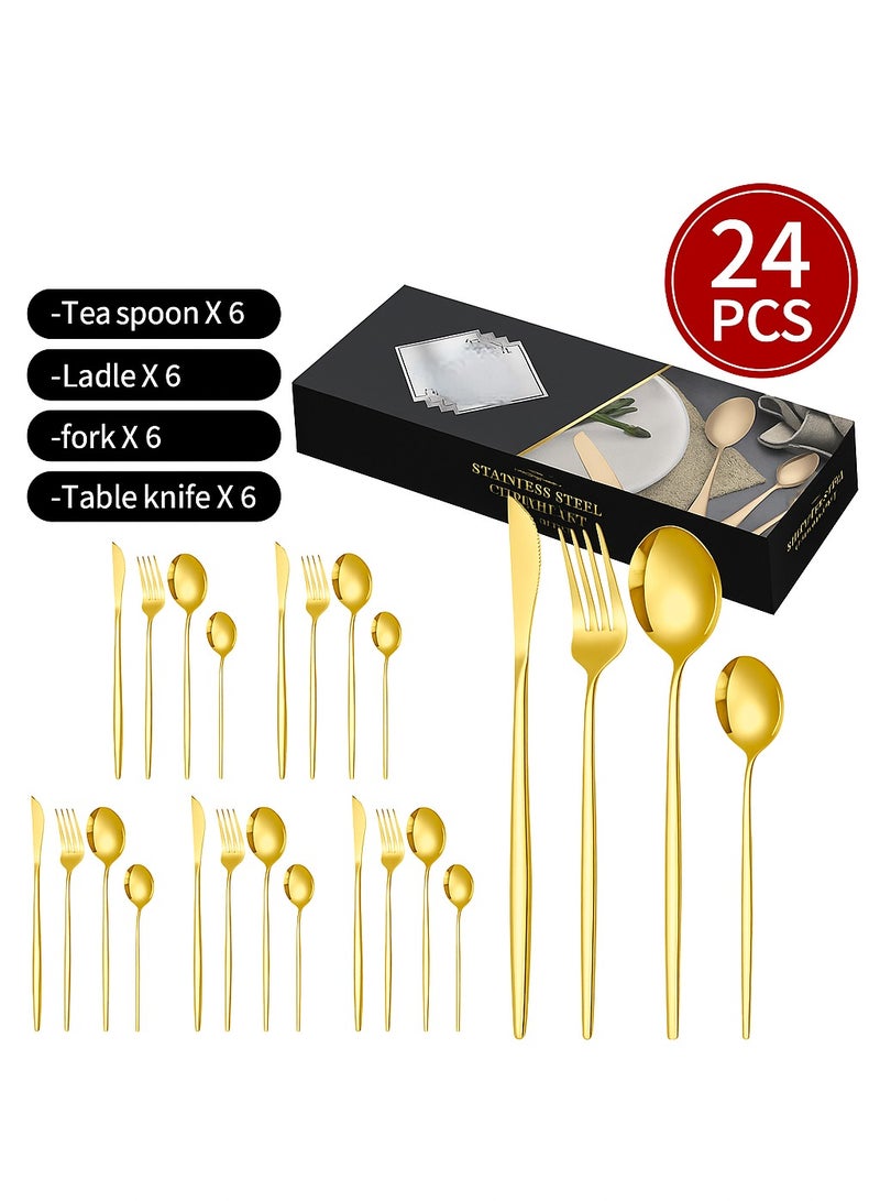 Stainless Steel Cutlery Set 24pcs Knife Fork and Spoon Set with Gift box (Golden) - Kitchen Utensil Set, Western Tableware Suitable For Family Dining/usual Home Kitchen,Exquisite Packaging For Gifts - Image 3