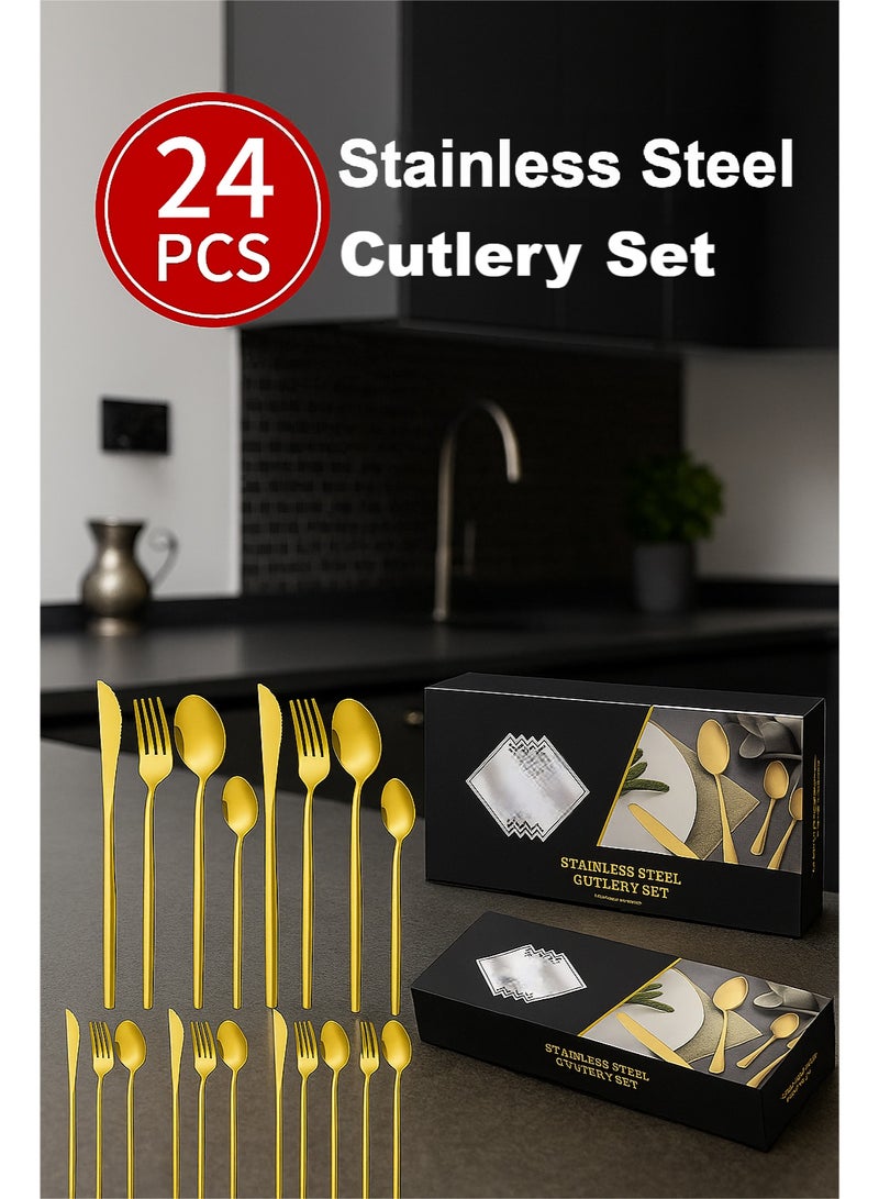 Stainless Steel Cutlery Set 24pcs Knife Fork and Spoon Set with Gift box (Golden) - Kitchen Utensil Set, Western Tableware Suitable For Family Dining/usual Home Kitchen,Exquisite Packaging For Gifts - Image 1