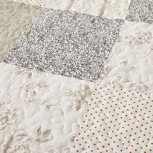 Cmfshape Summer Floral King Quilt Set,Grey Patchwork Quilts King,Reversible Quilted Bedspread with 2 Shams, Vintage Farmhouse Coverlet(Grey, King102 x90) - Image 5