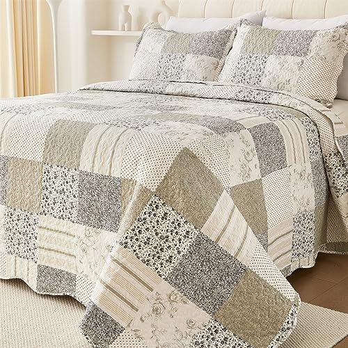 Cmfshape Summer Floral King Quilt Set,Grey Patchwork Quilts King,Reversible Quilted Bedspread with 2 Shams, Vintage Farmhouse Coverlet(Grey, King102 x90) - Image 1
