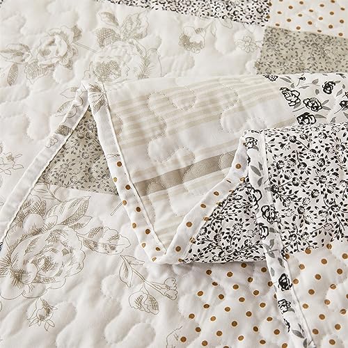 Cmfshape Summer Floral King Quilt Set,Grey Patchwork Quilts King,Reversible Quilted Bedspread with 2 Shams, Vintage Farmhouse Coverlet(Grey, King102 x90) - Image 4