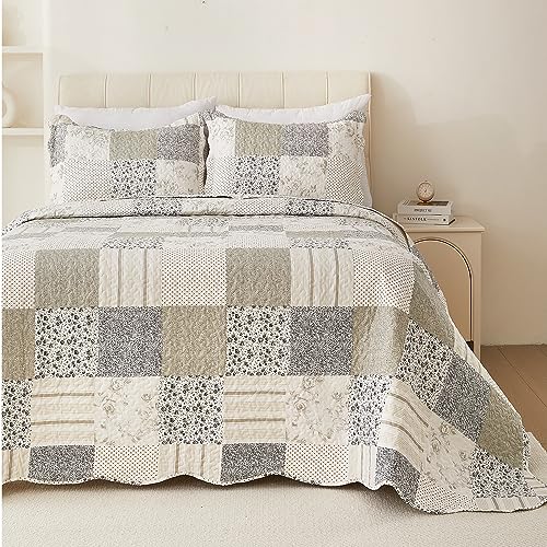Cmfshape Summer Floral King Quilt Set,Grey Patchwork Quilts King,Reversible Quilted Bedspread with 2 Shams, Vintage Farmhouse Coverlet(Grey, King102 x90) - Image 2