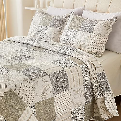 Cmfshape Summer Floral King Quilt Set,Grey Patchwork Quilts King,Reversible Quilted Bedspread with 2 Shams, Vintage Farmhouse Coverlet(Grey, King102 x90) - Image 3