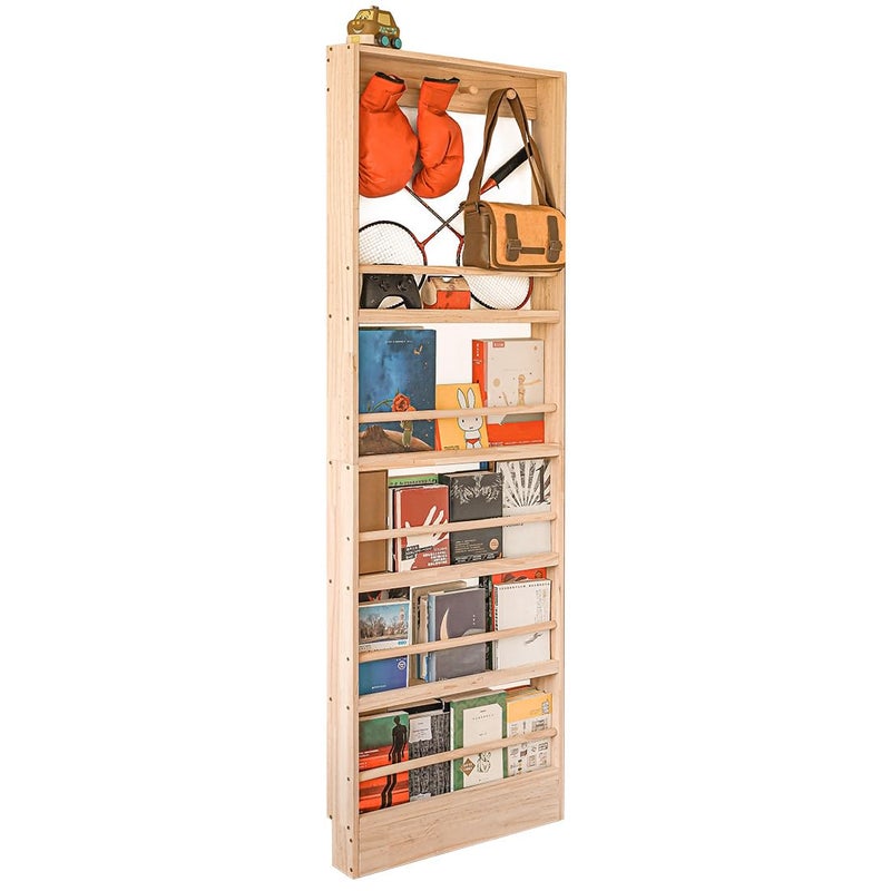 morimoe Wooden Kids Bookshelf, Wall Mount Shelf with Hooks, Organizer for Toys and Books, Space-Saving - Image 1