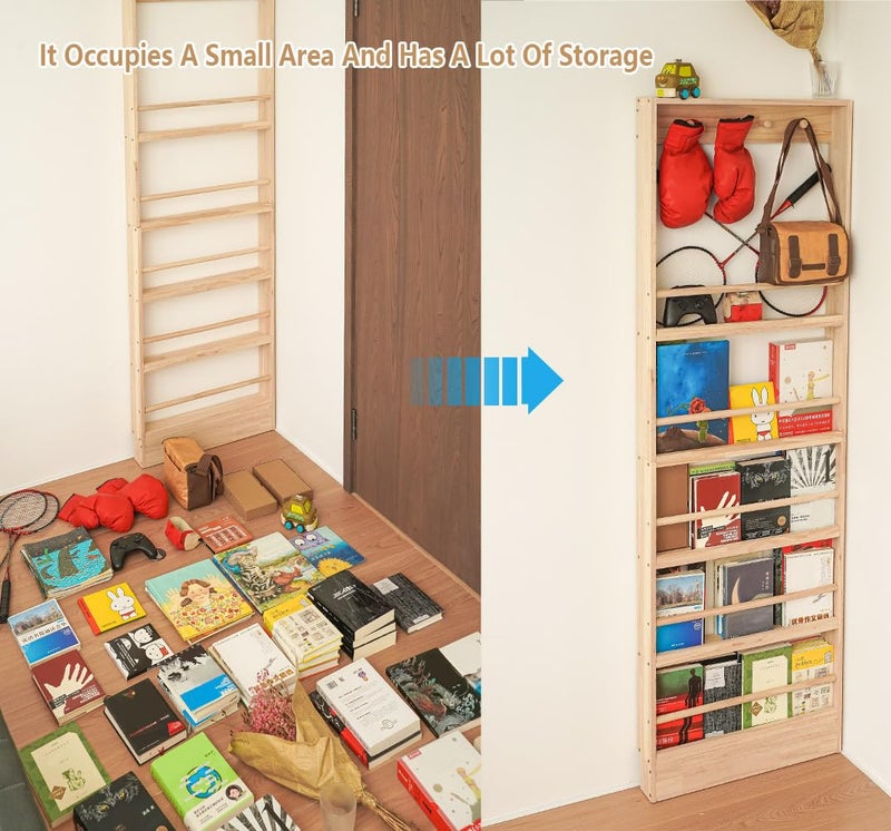 morimoe Wooden Kids Bookshelf, Wall Mount Shelf with Hooks, Organizer for Toys and Books, Space-Saving - Image 2