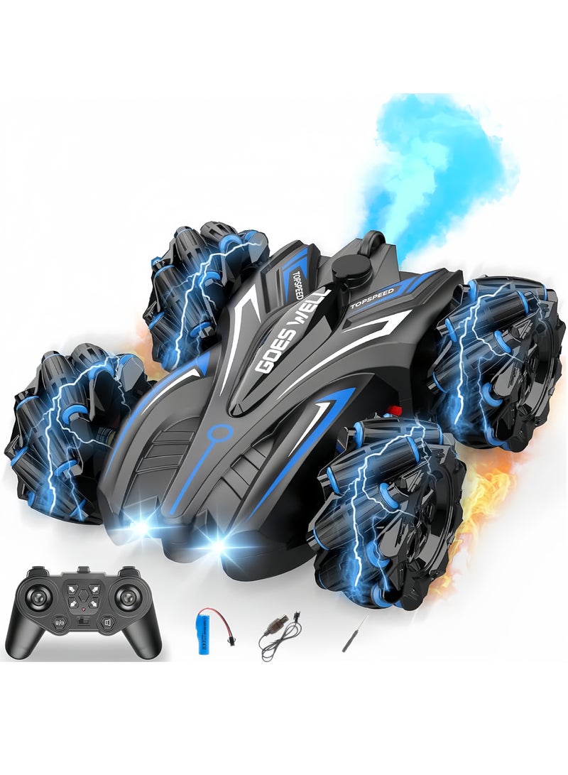 آه آه سيارة ألعاب بهلوانية مُحسّنة تعمل بالتحكم عن بُعد، تدور بزاوية 360 درجة، قابلة لإعادة الشحن من الجهتين، مزودة بمصابيح أمامية رائعة، نظام رش مزدوج، سيارات سباق رباعية الدفع بتردد 2.4 جيجاهرتز، مناسبة للأطفال من سن 3 إلى 8 سنوات. - Image 1