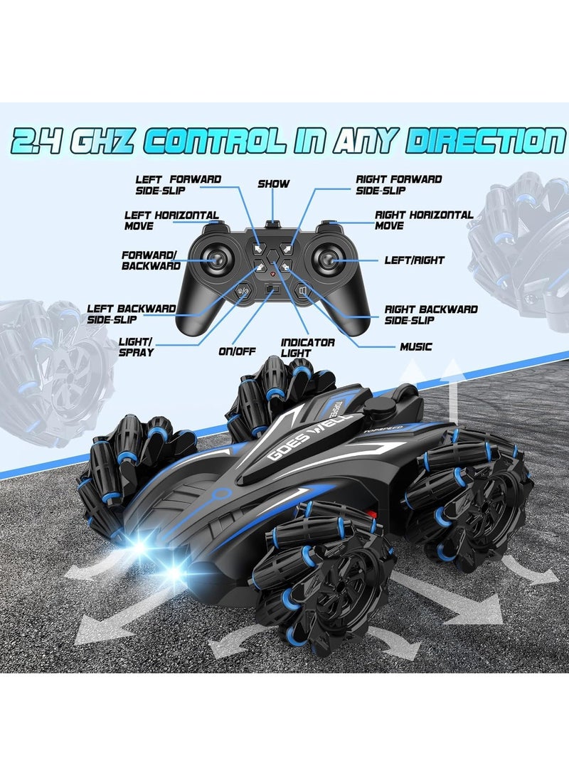 آه آه سيارة ألعاب بهلوانية مُحسّنة تعمل بالتحكم عن بُعد، تدور بزاوية 360 درجة، قابلة لإعادة الشحن من الجهتين، مزودة بمصابيح أمامية رائعة، نظام رش مزدوج، سيارات سباق رباعية الدفع بتردد 2.4 جيجاهرتز، مناسبة للأطفال من سن 3 إلى 8 سنوات. - Image 4