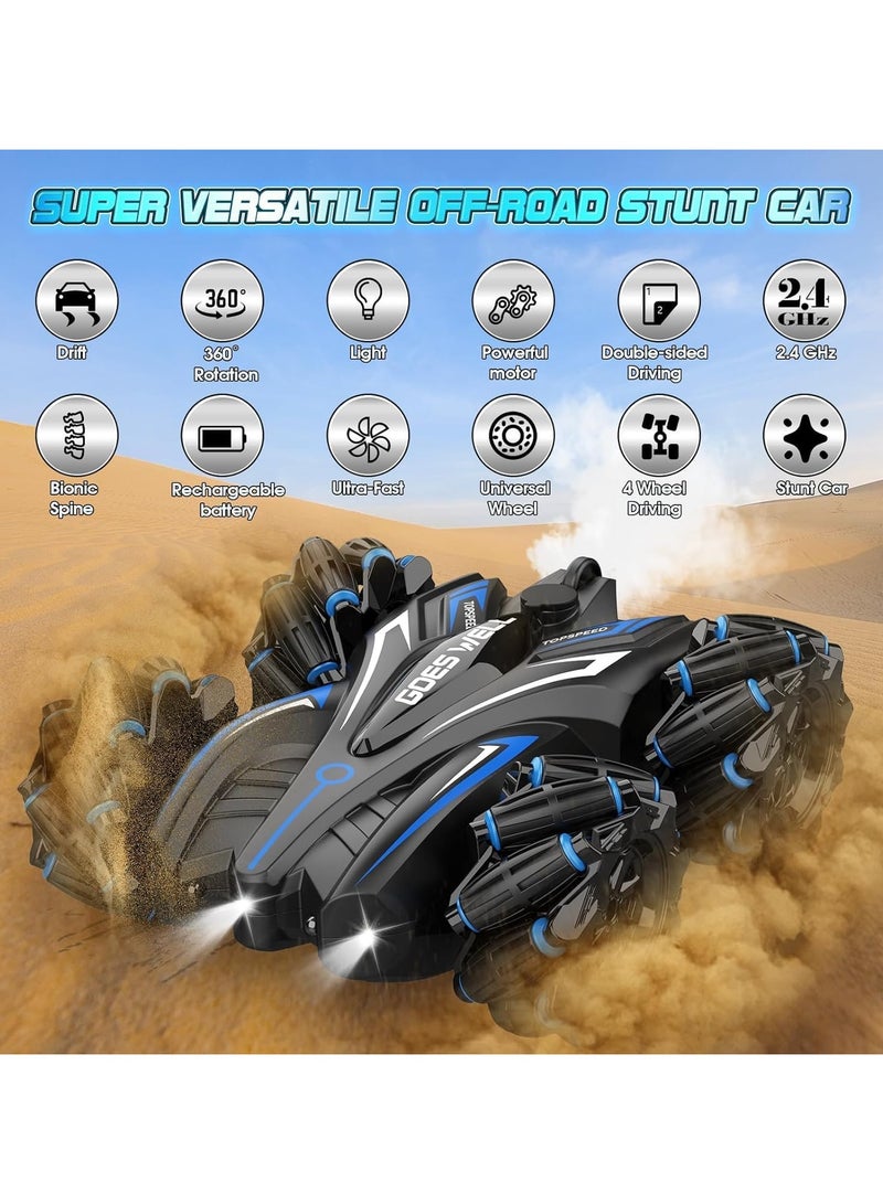 آه آه سيارة ألعاب بهلوانية مُحسّنة تعمل بالتحكم عن بُعد، تدور بزاوية 360 درجة، قابلة لإعادة الشحن من الجهتين، مزودة بمصابيح أمامية رائعة، نظام رش مزدوج، سيارات سباق رباعية الدفع بتردد 2.4 جيجاهرتز، مناسبة للأطفال من سن 3 إلى 8 سنوات. - Image 5