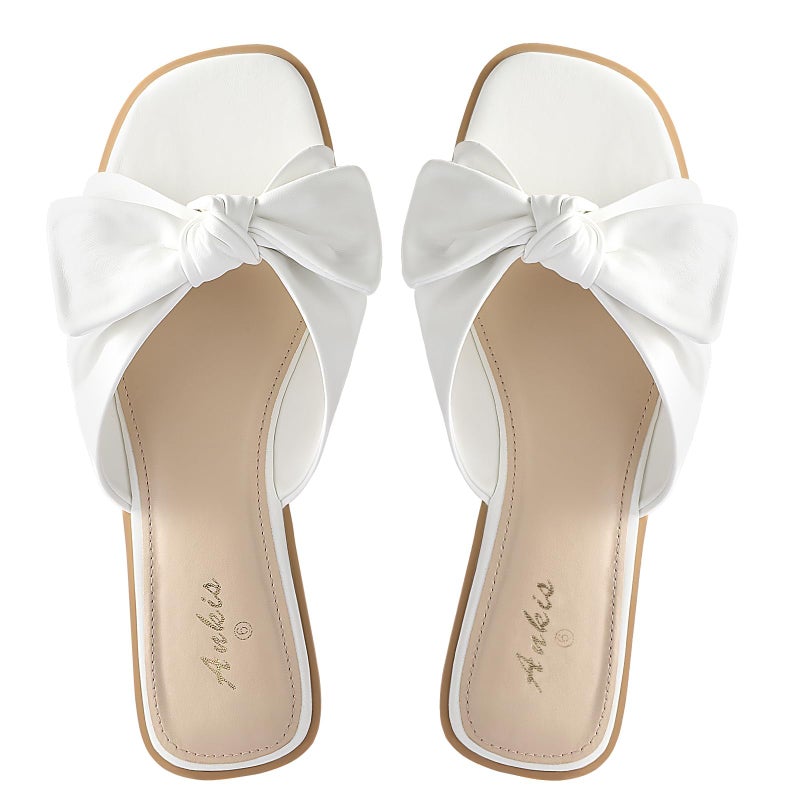 Ankis White Sandals Womens Bow Flat Sandals Dressy - Cute Summer Beach Sandals for Women 2026, Square Open Toe Comfortable Slip On Slide Sandals Bride Wedding Bridal Dress Shoes Slippers - Image 1