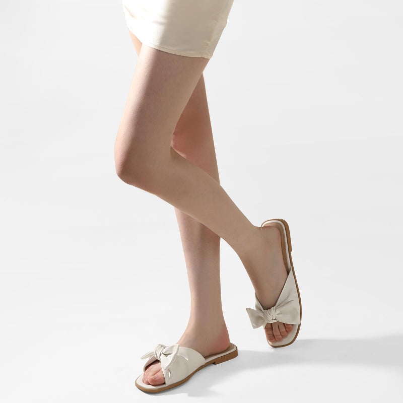 Ankis White Sandals Womens Bow Flat Sandals Dressy - Cute Summer Beach Sandals for Women 2026, Square Open Toe Comfortable Slip On Slide Sandals Bride Wedding Bridal Dress Shoes Slippers - Image 2
