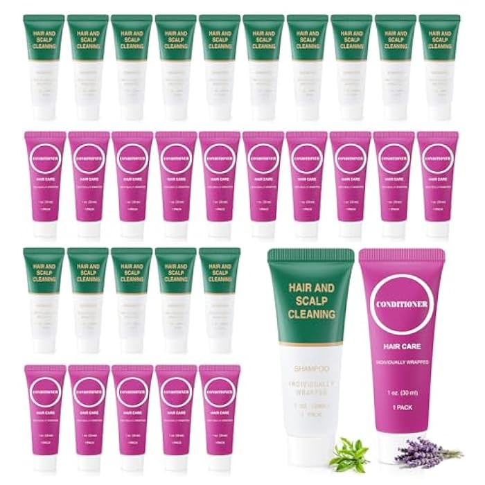 Zhjianup Travel Size Shampoo and Conditioner Bulk, Trial Individually Wrapped Mini Hair Conditioner and Small Shampoos Men Women Mini Cleansing Toiletries Amenities for Hotel Homeless 1 Fl Oz (Pack of 60) - Image 1