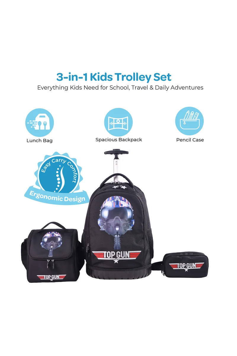 مون MOON Licensed Top Gun 3-in-1 Kids Trolley Backpack Set  - (18-Inch) Premium Kids School Bag with Lunch Bag & Pencil Case-Black