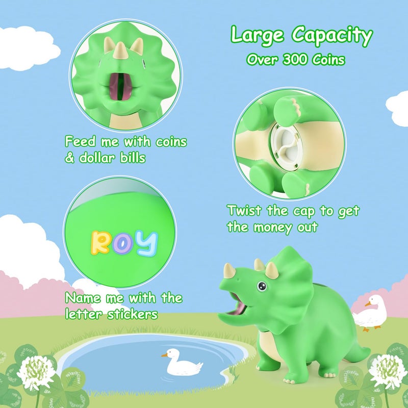 PJDRLLC Dinosaur Piggy Bank for Kids, Unbreakable Plastic Money Coin Bank for Boys and Girls, Great Gifts for Birthday, Easter, Christmas (Green) - Image 5