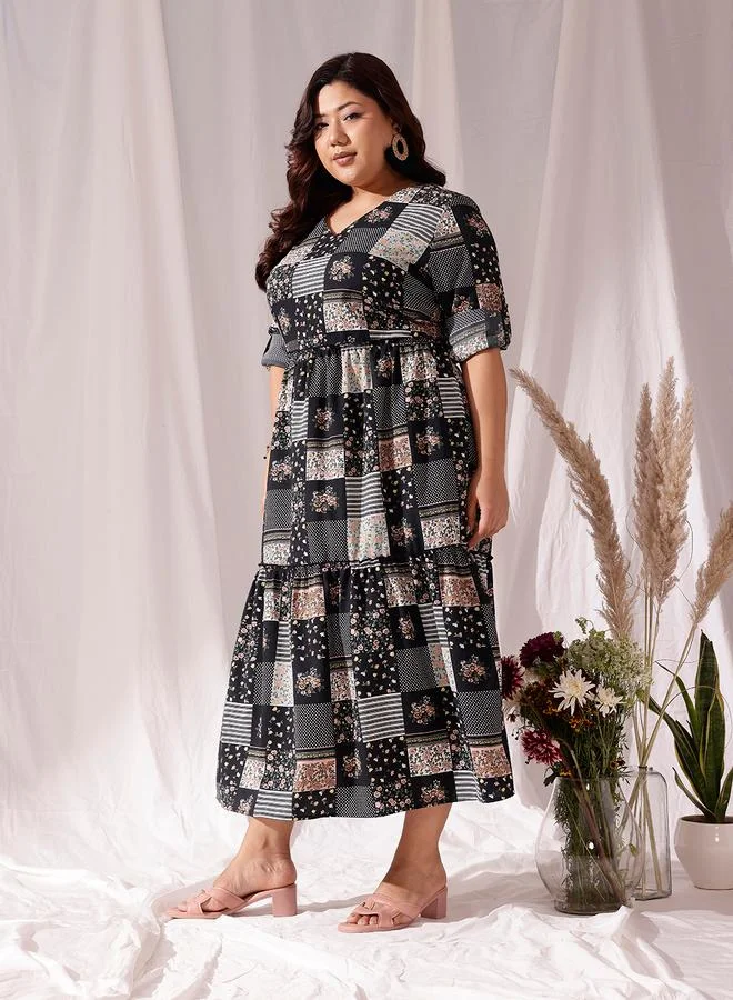 STREET 9 STREET 9 Plus Black Tiered Maxi Dress with Patchwork Print