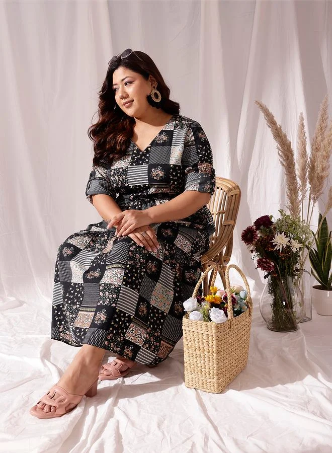 STREET 9 STREET 9 Plus Black Tiered Maxi Dress with Patchwork Print