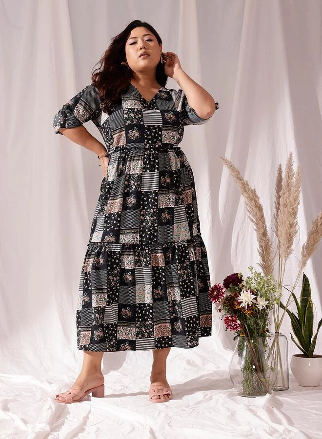STREET 9 STREET 9 Plus Black Tiered Maxi Dress with Patchwork Print