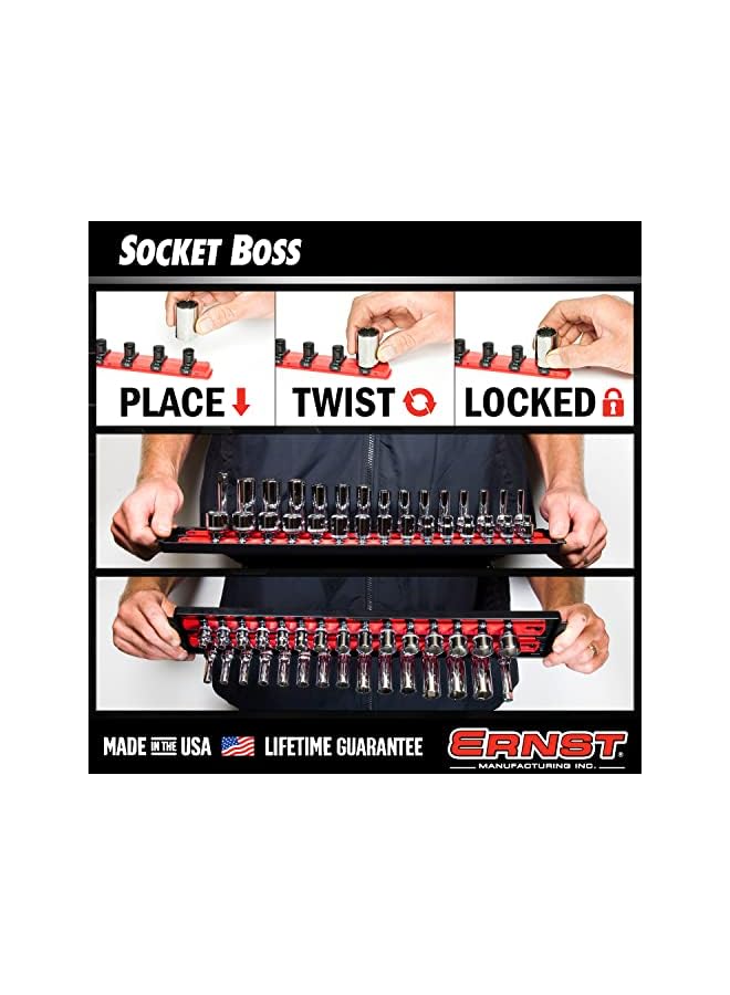 PROMASS Manufacturing Twist-Lock Socket Boss, Premium 2-Rail 3/8-Inch-Drive Organizer, 13-Inch, Red (8493)  - Image 4
