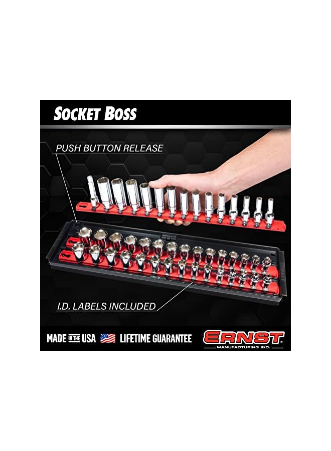 PROMASS Manufacturing Twist-Lock Socket Boss, Premium 2-Rail 3/8-Inch-Drive Organizer, 13-Inch, Red (8493)  - Image 3