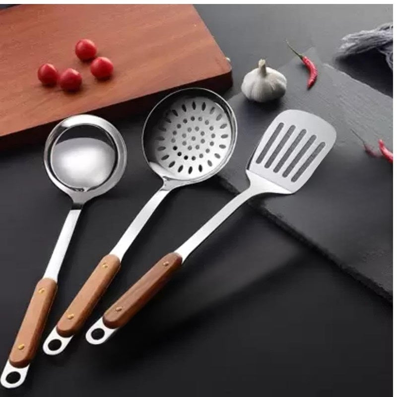 Naidev 3 Piece Kitchen Cooking Stainless Steel Utensils Set Wooden Handle Cooking Tools Gadgets Spatula Set with HookSlotted TurnerSlotted SkimmerLadle - Image 1