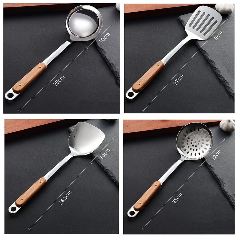 Naidev 3 Piece Kitchen Cooking Stainless Steel Utensils Set Wooden Handle Cooking Tools Gadgets Spatula Set with HookSlotted TurnerSlotted SkimmerLadle - Image 5