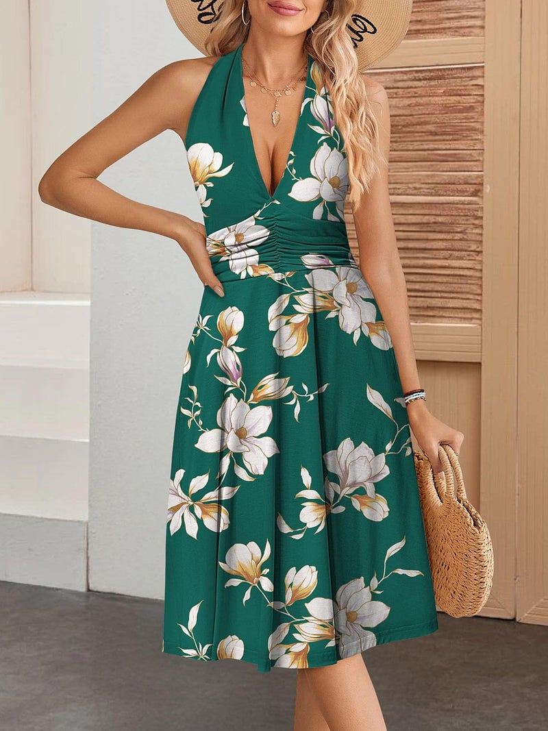 HUHOT Casual Summer Dress Womens Dresses for Wedding Guest Halter Women Resort Wear Date Outfits with Pockets Beach Vacation Semi Formal Elegant White Flowers Spring Short Petite Sundress - Image 2