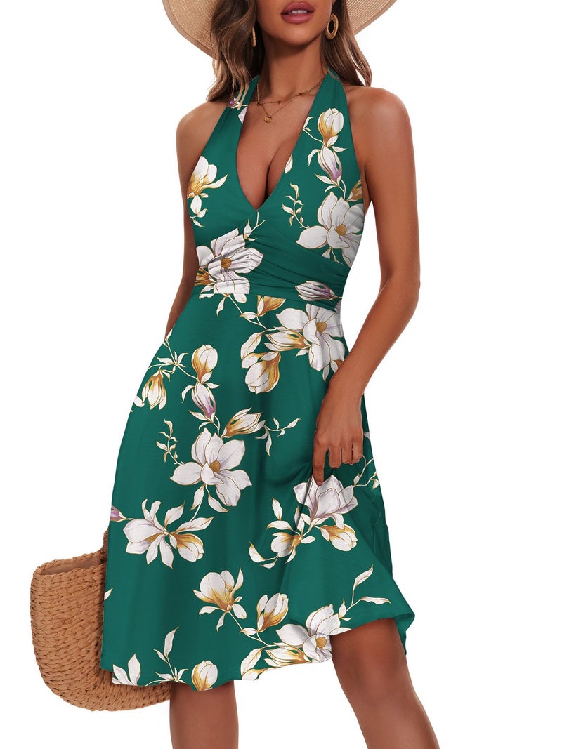 HUHOT Casual Summer Dress Womens Dresses for Wedding Guest Halter Women Resort Wear Date Outfits with Pockets Beach Vacation Semi Formal Elegant White Flowers Spring Short Petite Sundress - Image 1