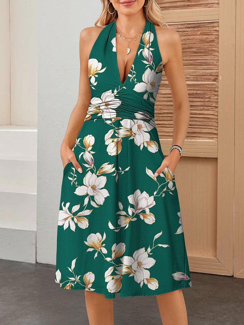 HUHOT Casual Summer Dress Womens Dresses for Wedding Guest Halter Women Resort Wear Date Outfits with Pockets Beach Vacation Semi Formal Elegant White Flowers Spring Short Petite Sundress - Image 3