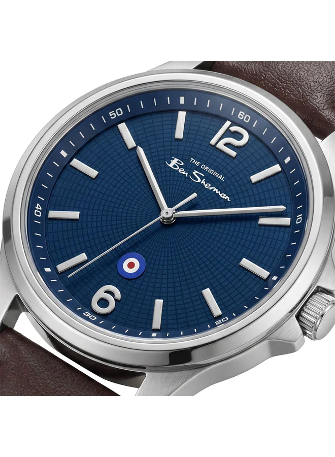بين شيرمان Westminster Blue Dial Brown Genuine Leather Strap Analog Watch for Men, 43mm