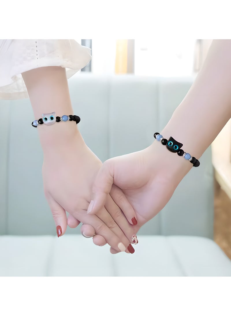 LIXADA 2pcs/Set Luminous Cat Beaded Bracelet, Vintage Cute Couple/Friendship Glow-in-the-Dark Adjustable Jewelry, Elastic Black Bead Charm Wristbands with Cat Accents, Birthday Gift, Perfect for Winter, New Year  - Image 5
