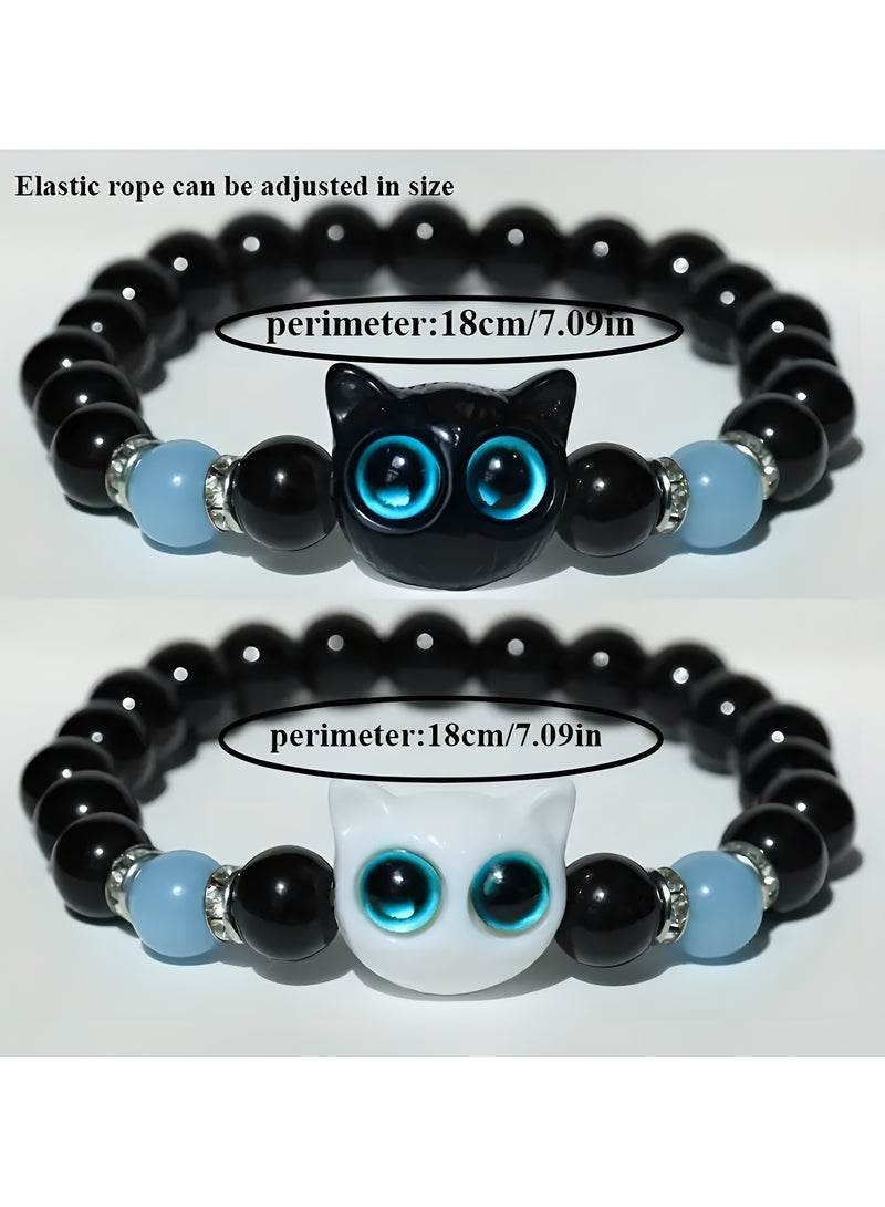 LIXADA 2pcs/Set Luminous Cat Beaded Bracelet, Vintage Cute Couple/Friendship Glow-in-the-Dark Adjustable Jewelry, Elastic Black Bead Charm Wristbands with Cat Accents, Birthday Gift, Perfect for Winter, New Year  - Image 2