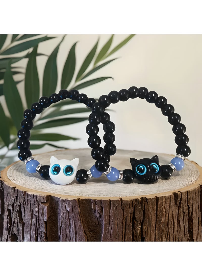 LIXADA 2pcs/Set Luminous Cat Beaded Bracelet, Vintage Cute Couple/Friendship Glow-in-the-Dark Adjustable Jewelry, Elastic Black Bead Charm Wristbands with Cat Accents, Birthday Gift, Perfect for Winter, New Year  - Image 3