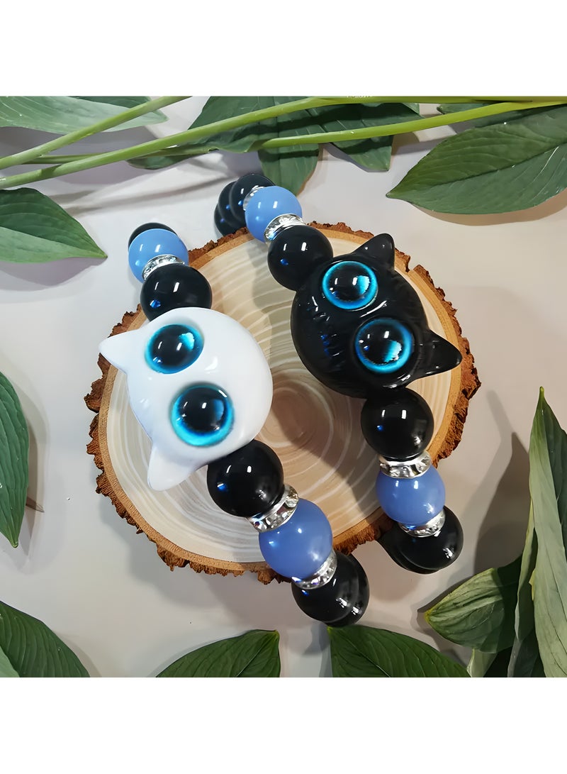 LIXADA 2pcs/Set Luminous Cat Beaded Bracelet, Vintage Cute Couple/Friendship Glow-in-the-Dark Adjustable Jewelry, Elastic Black Bead Charm Wristbands with Cat Accents, Birthday Gift, Perfect for Winter, New Year  - Image 1