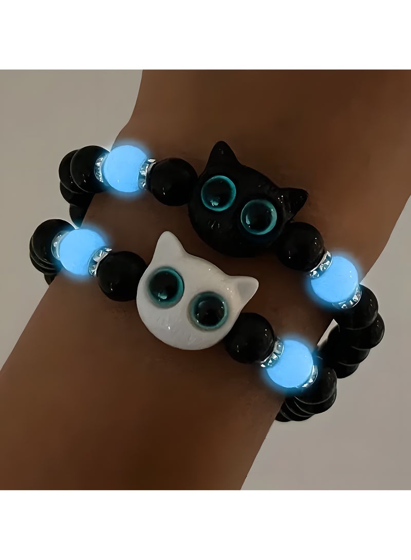 LIXADA 2pcs/Set Luminous Cat Beaded Bracelet, Vintage Cute Couple/Friendship Glow-in-the-Dark Adjustable Jewelry, Elastic Black Bead Charm Wristbands with Cat Accents, Birthday Gift, Perfect for Winter, New Year  - Image 4