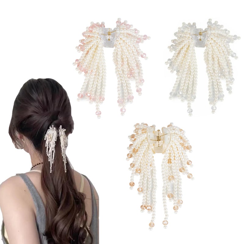 Agirlvct Pearl Hair Clips for Women, Pearl Beads Tassel Rhinestone Non Slip Hair Claw Clip, Elegant French Hair Pins Accessories for Styling Party Birthday Wedding Gift Thin Thick Hair (3 PCS) - Image 1