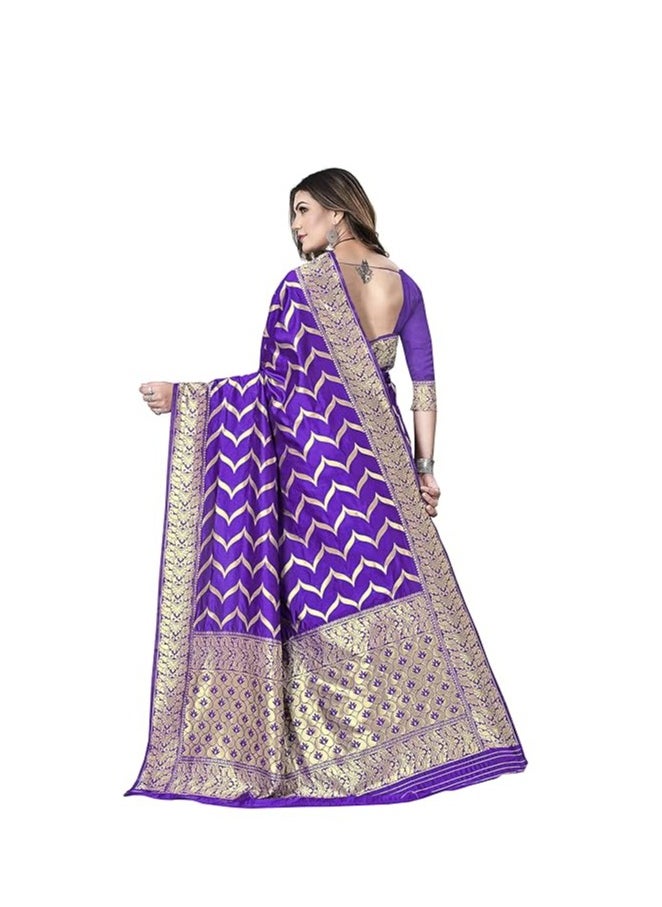 Accessorize Kingdom - Women's Silk Blend Jacquard Woven Golden Zari Butta Saree With Unstitched Blouse Piece - Image 1