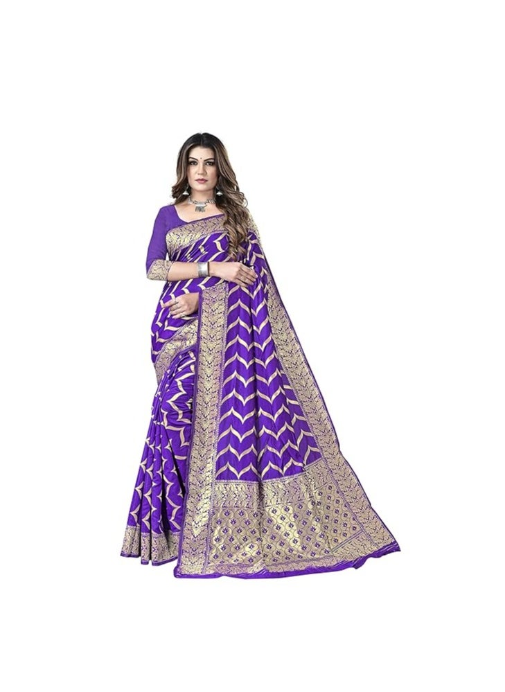 Accessorize Kingdom - Women's Silk Blend Jacquard Woven Golden Zari Butta Saree With Unstitched Blouse Piece - Image 1