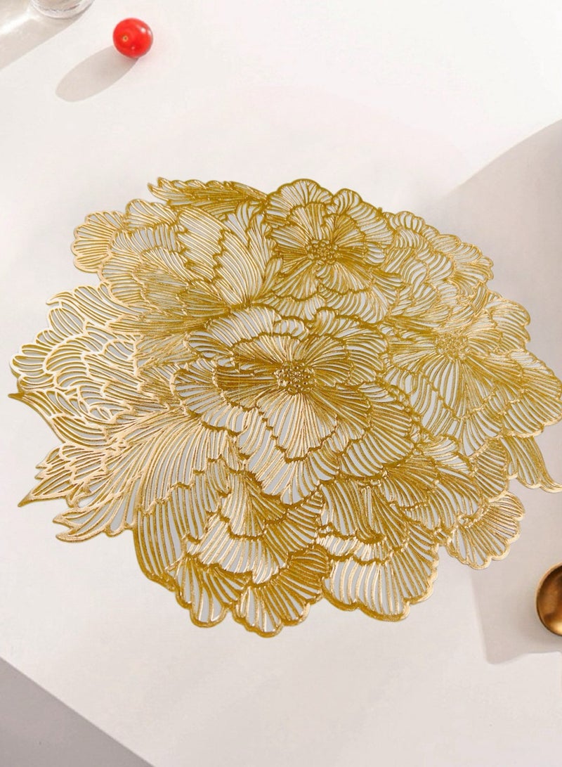 Set Of 6 Round Table Place Mats Gold Rose 15inch, PVC Place Mat Vinyl Hollow Out Heat Insulation Washable Gold Table Mats for Dining Table 40x40CM, Flower Pattern - Image 4