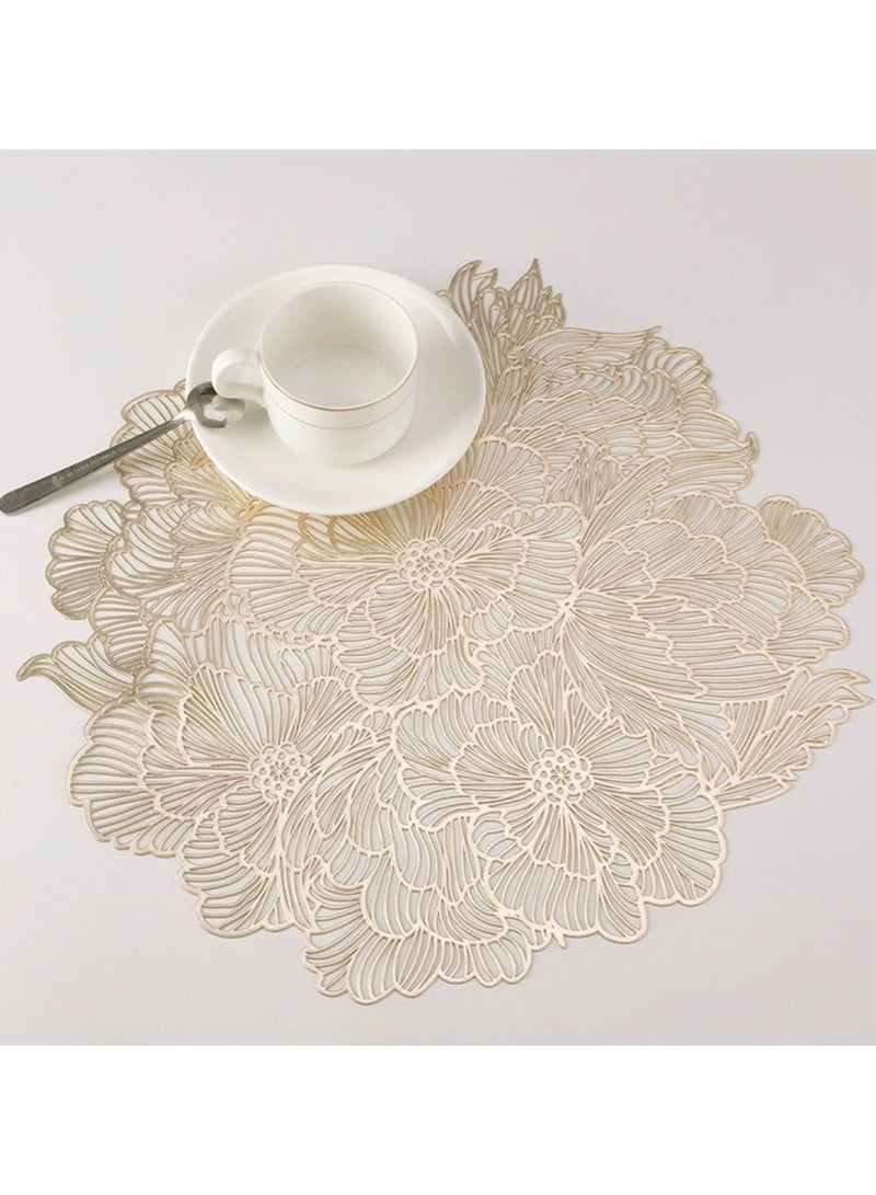 Set Of 6 Round Table Place Mats Gold Rose 15inch, PVC Place Mat Vinyl Hollow Out Heat Insulation Washable Gold Table Mats for Dining Table 40x40CM, Flower Pattern - Image 1