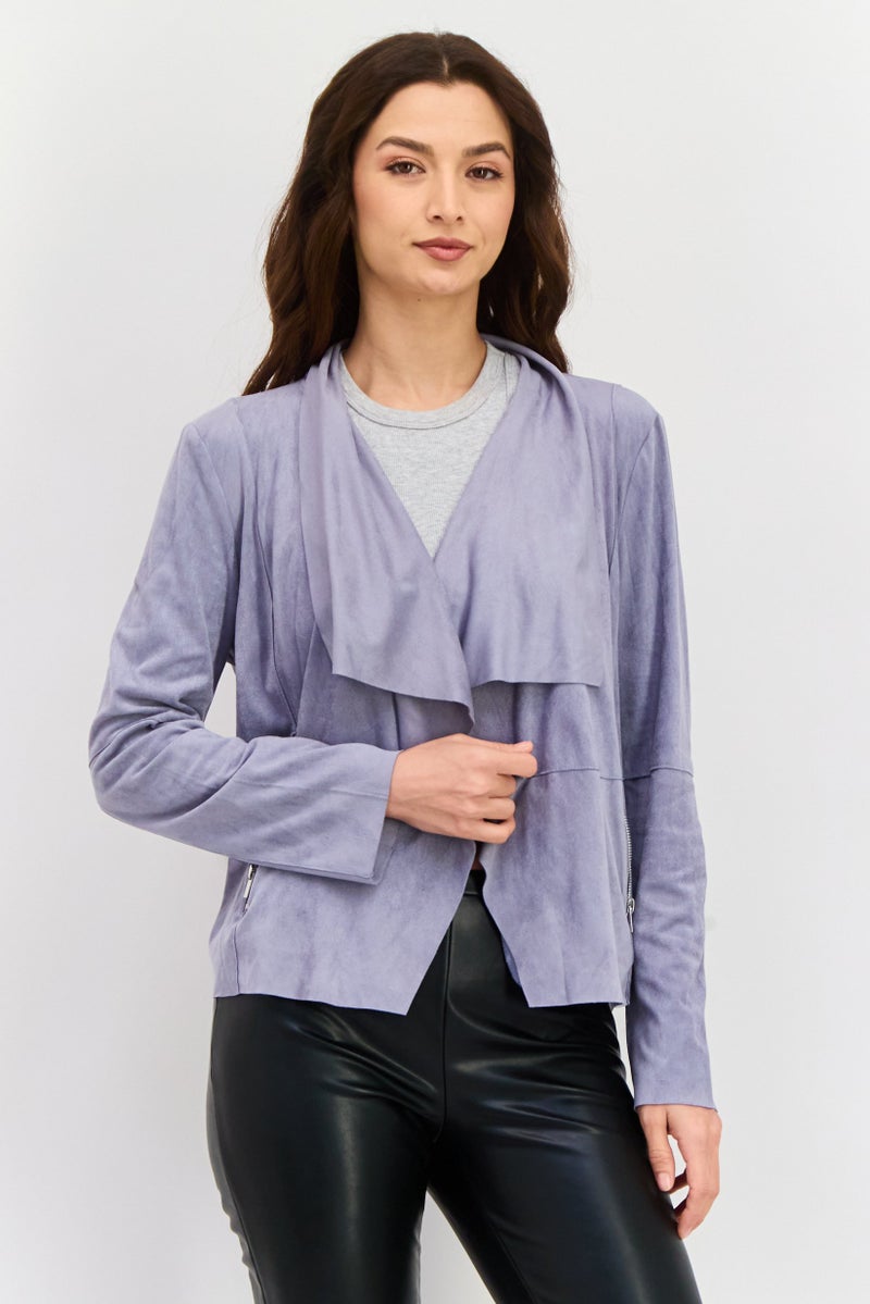 Bagatelle Women Lapel Collar Long Sleeve Solid Suede Jacket, Grey  - Image 1
