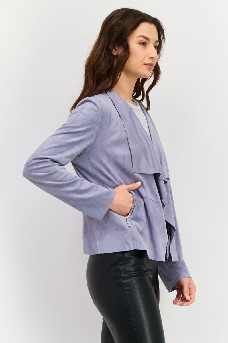 Bagatelle Women Lapel Collar Long Sleeve Solid Suede Jacket, Grey  - Image 2