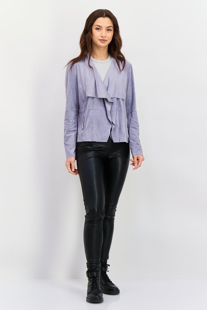 Bagatelle Women Lapel Collar Long Sleeve Solid Suede Jacket, Grey  - Image 4