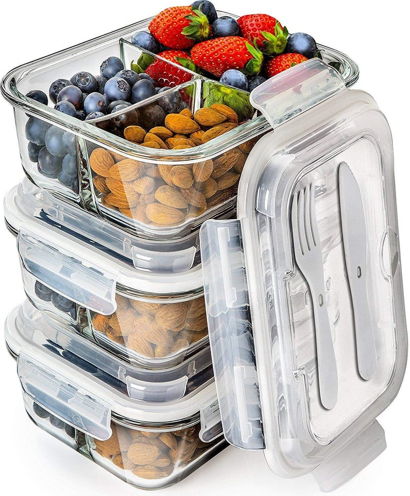 Prep Naturals PrepNaturals 4 Pack 34 Oz Glass Meal Prep Containers - Dishwasher Microwave Freezer Oven Safe - Glass Storage Containers with Lids (Multi-Compartment) - Image 1