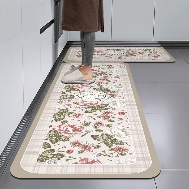 Home-Cloud HomeCloud Rubber Kitchen Mats for Floor Set of 2 Pcs|Non-Skid, Soft Absorbent Rugs for Kitchen, Laundry, and Hallway|120x40cm, 40x60cm| 4mm Thickness (Moconche_Beige_Flower) - Image 4