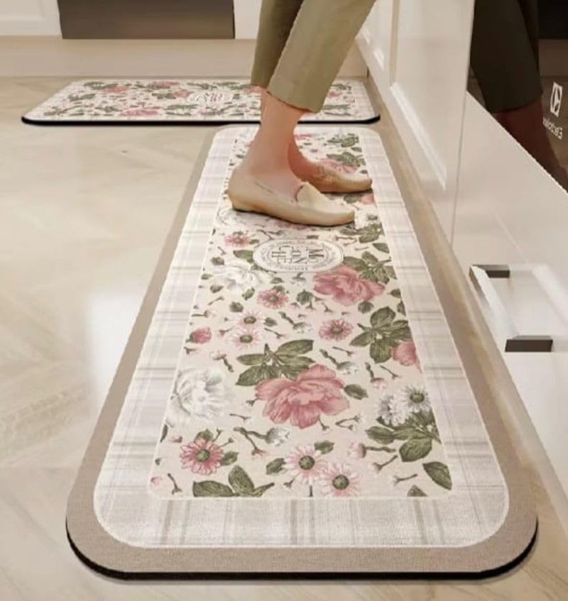 Home-Cloud HomeCloud Rubber Kitchen Mats for Floor Set of 2 Pcs|Non-Skid, Soft Absorbent Rugs for Kitchen, Laundry, and Hallway|120x40cm, 40x60cm| 4mm Thickness (Moconche_Beige_Flower) - Image 1