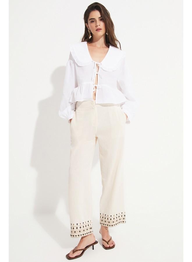 جون بلوزة قطن بيضاء برقبة مكشكشة نسائية من جوني - Image 2