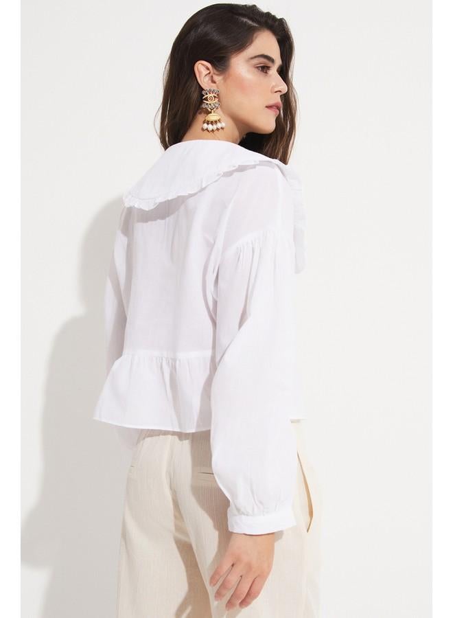 جون بلوزة قطن بيضاء برقبة مكشكشة نسائية من جوني - Image 5