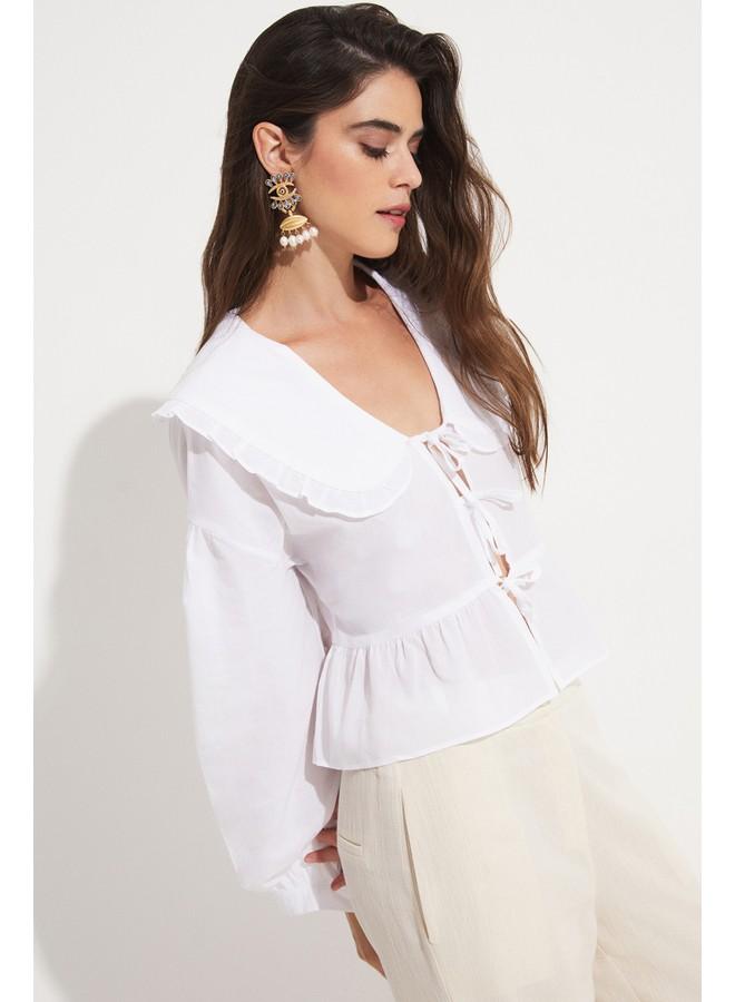 جون بلوزة قطن بيضاء برقبة مكشكشة نسائية من جوني - Image 1